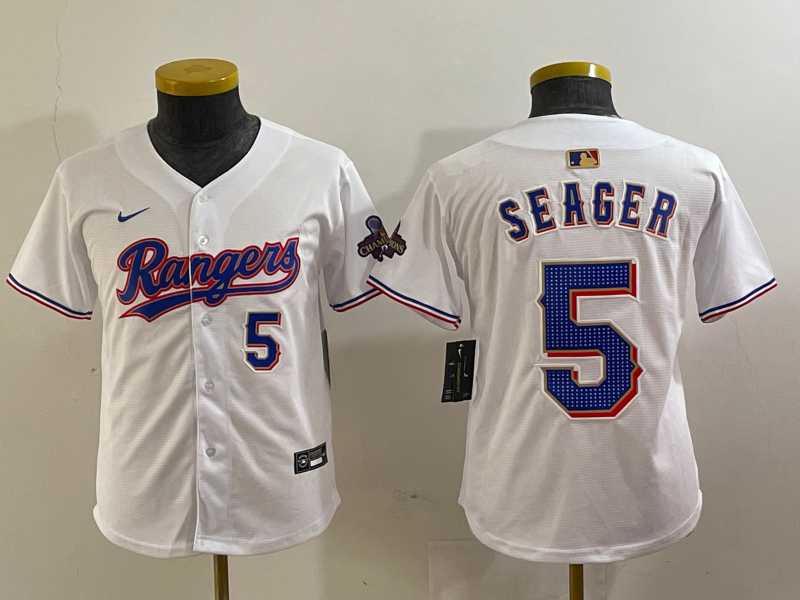Youth Texas Rangers #5 Corey Seager Number White 2024 Gold Collection Limited Cool Base Jersey